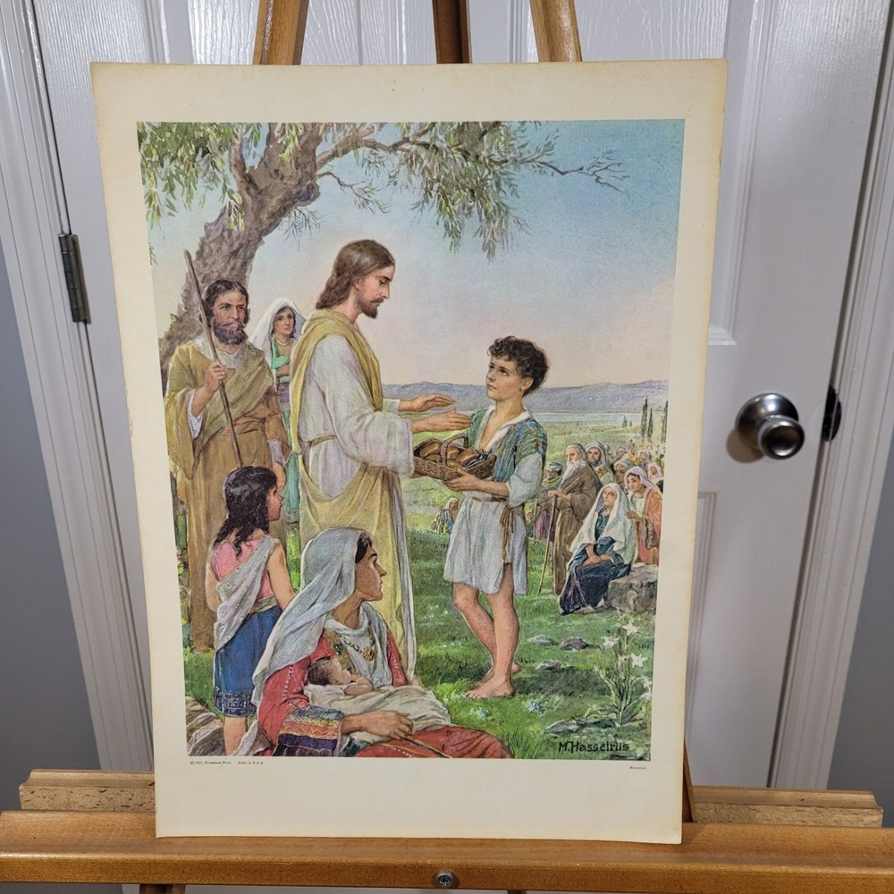 Vintage 1967 Jesus Loaves and Fishes Lithograph Print Hasselriis‎ Broadman Press